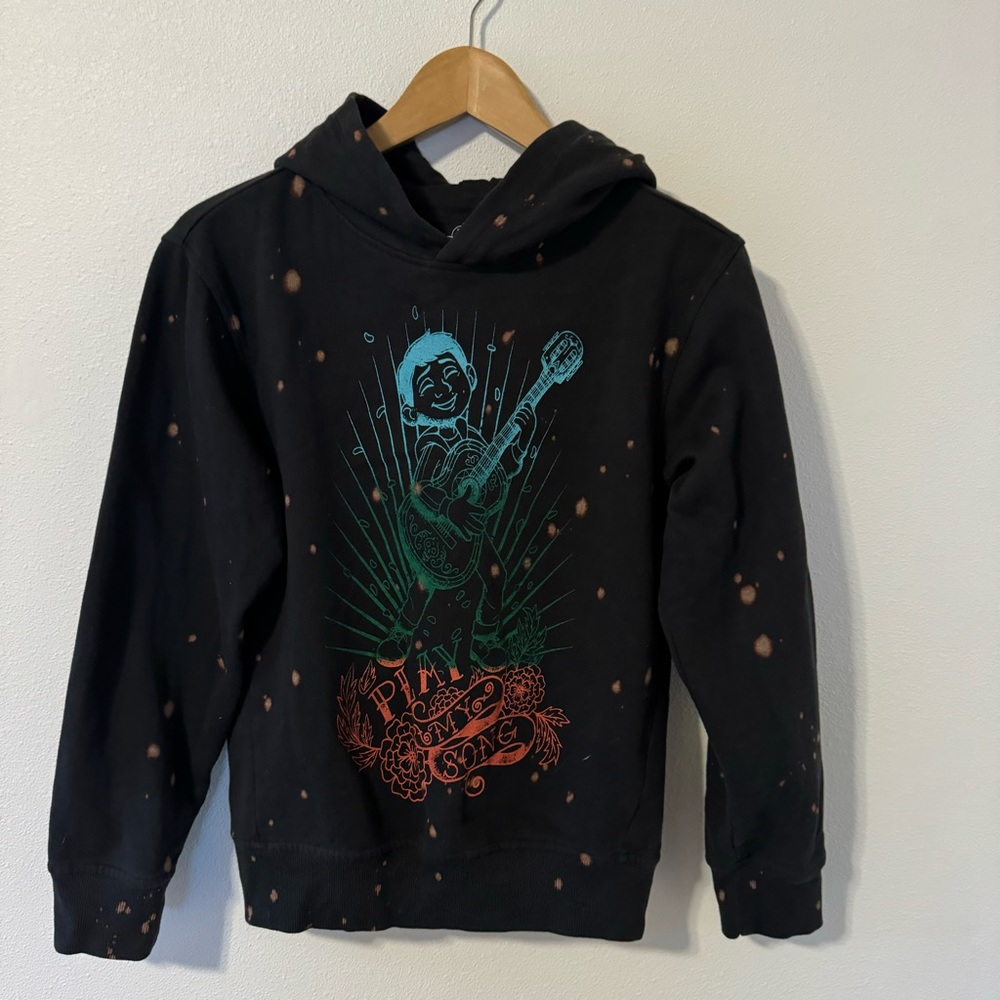 Disney Park Coco Play My Song Multicolor Graphic Bleach Splatter Black Hoodie-13